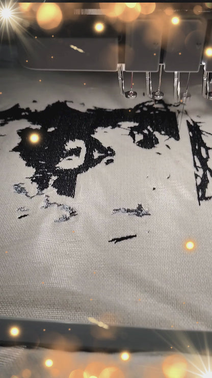 Jesus Christ with crown of thorns in black thread within golden circle with Love Like Jesus text on natural linen, 47,421 stitches, framed embroidered wall art handcrafted in India by Embroidist