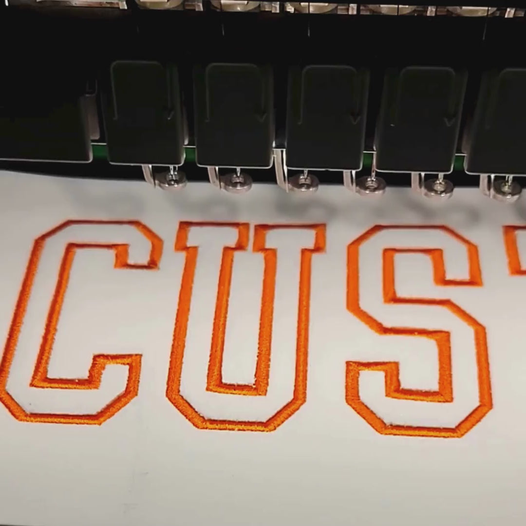 Brother PR-1055X stitching 3D outline embroidery in-studio — custom embroidery made to order by Embroidist