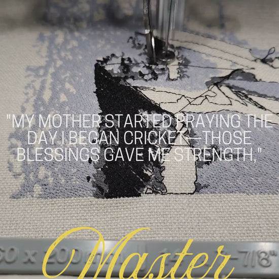 Portrait of Sachin Tendulkar in batting stance with name text on natural linen, 65,510 stitches, framed embroidered wall art handcrafted in India by Embroidist