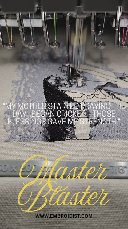 Portrait of Sachin Tendulkar in batting stance with name text on natural linen, 65,510 stitches, framed embroidered wall art handcrafted in India by Embroidist