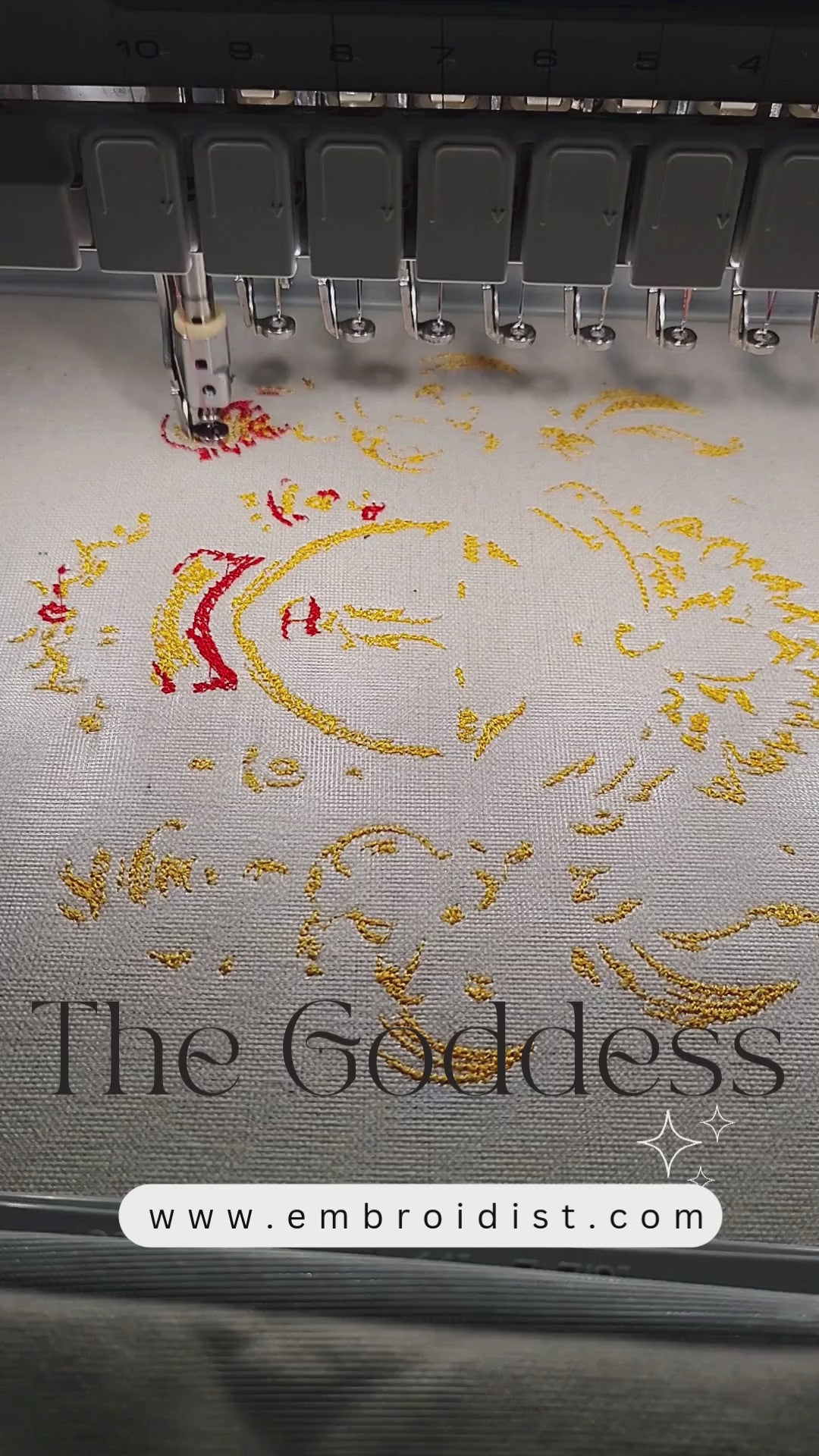 Durga Maa face with flaming crown and floral adornments in gold orange and black multicolour thread on natural linen, 60,329 stitches, framed embroidered wall art handcrafted in India by Embroidist
