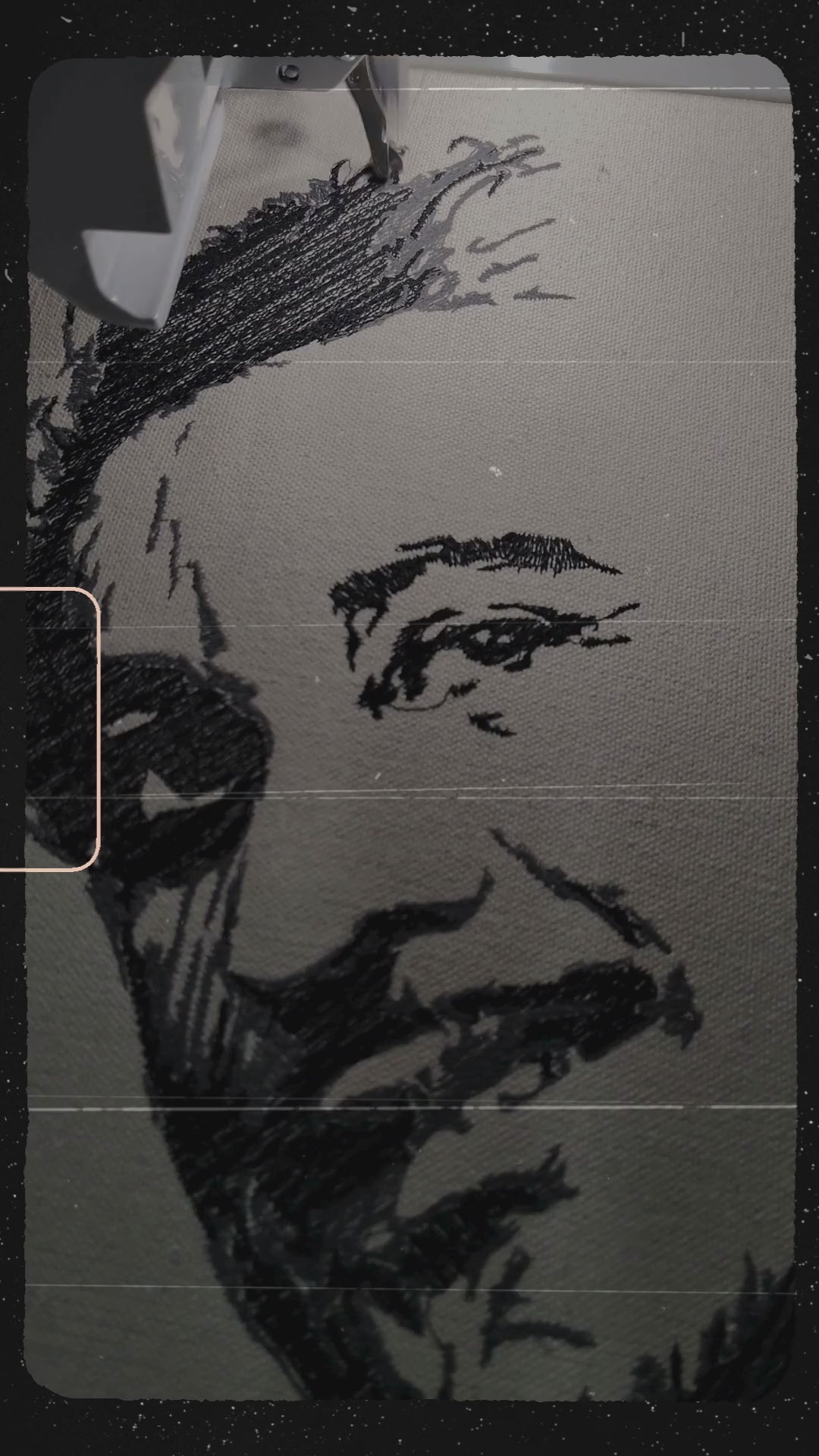 Portrait of Kishore Kumar in loose expressive black thread on natural linen, 36,241 stitches, framed embroidered wall art handcrafted in India by Embroidist
