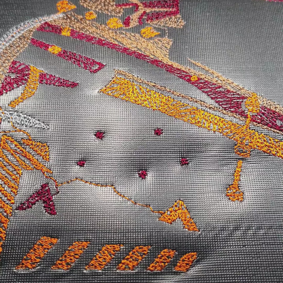 Decorated Nandi bull with Incredible India text on dark background, 56,339 stitches, framed embroidered wall art handcrafted in India by Embroidist