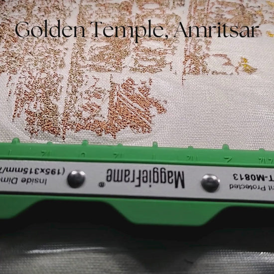 Golden Temple Amritsar with golden dome and sarovar reflection in gold and brown thread on natural linen, 1,22,204 stitches, framed embroidered wall art handcrafted in India by Embroidist