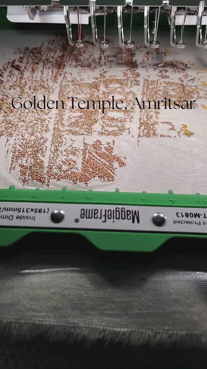 Golden Temple Amritsar with golden dome and sarovar reflection in gold and brown thread on natural linen, 1,22,204 stitches, framed embroidered wall art handcrafted in India by Embroidist
