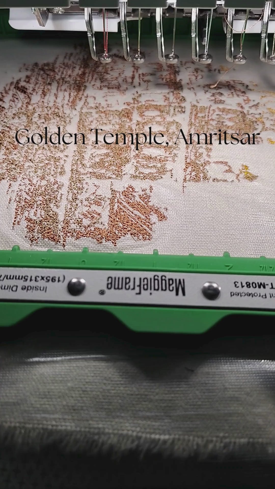 Golden Temple Amritsar with golden dome and sarovar reflection in gold and brown thread on natural linen, 1,22,204 stitches, framed embroidered wall art handcrafted in India by Embroidist