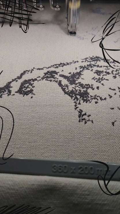 Two horses in motion with The Two typography in grey thread on natural linen, 28,328 stitches, framed embroidered wall art handcrafted in India by Embroidist