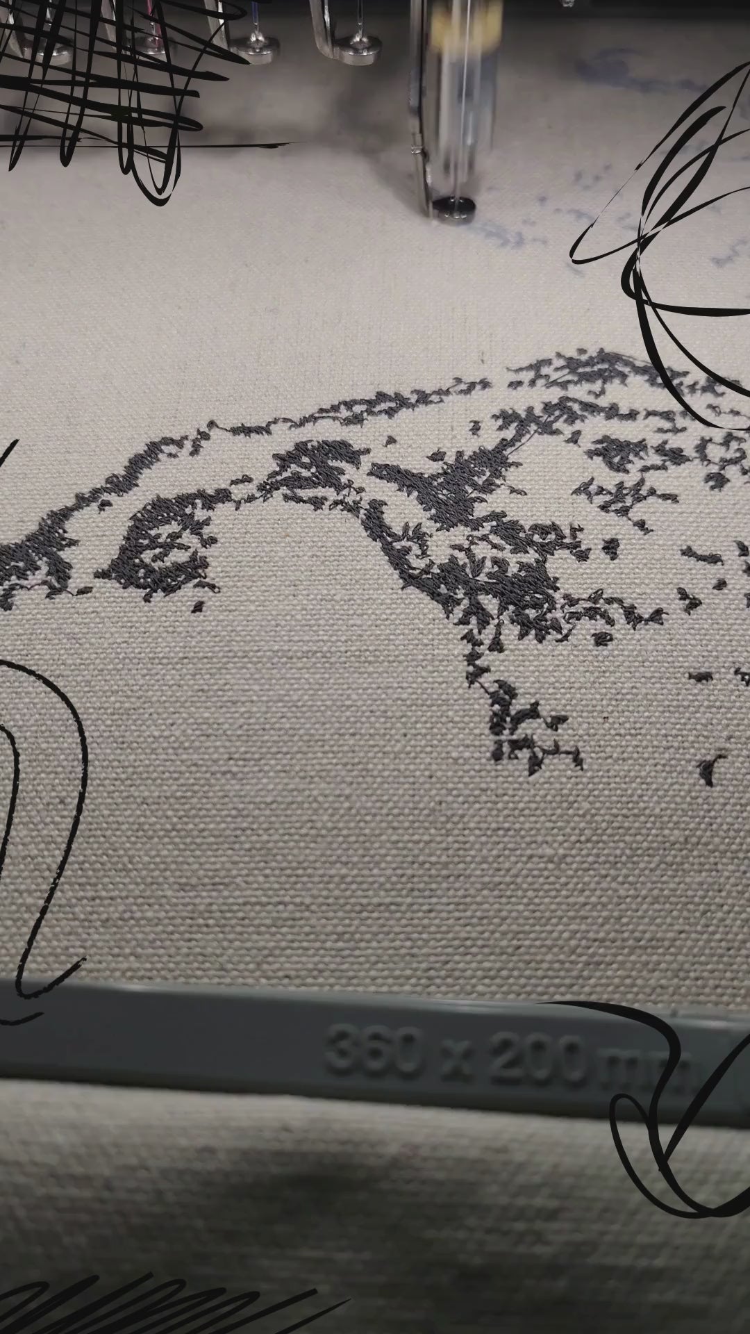 Two horses in motion with The Two typography in grey thread on natural linen, 28,328 stitches, framed embroidered wall art handcrafted in India by Embroidist