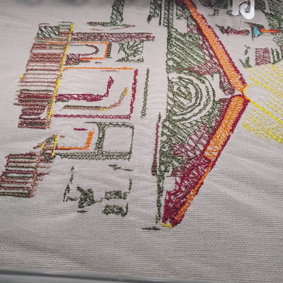 Shri Kedarnath Temple with golden sun halo in multicolour thread on natural linen, 57,386 stitches, framed embroidered wall art handcrafted in India by Embroidist