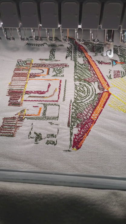 Shri Kedarnath Temple with golden sun halo in multicolour thread on natural linen, 57,386 stitches, framed embroidered wall art handcrafted in India by Embroidist