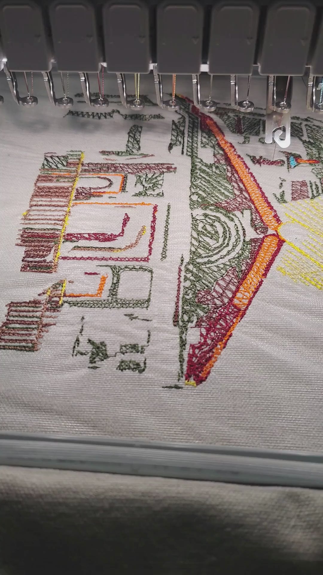 Shri Kedarnath Temple with golden sun halo in multicolour thread on natural linen, 57,386 stitches, framed embroidered wall art handcrafted in India by Embroidist