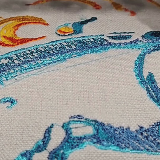 Lord Krishna half face with peacock feather crown and lotus flower in multicolour thread, 50,472 stitches, framed embroidered wall art handcrafted in India by Embroidist

