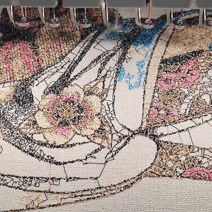 Japanese geisha embroidery being stitched on Brother PR1055X machine — close-up of thread work in progress