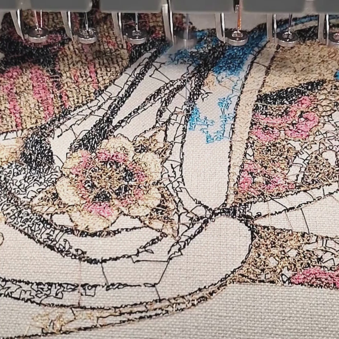 Japanese geisha embroidery being stitched on Brother PR1055X machine — close-up of thread work in progress