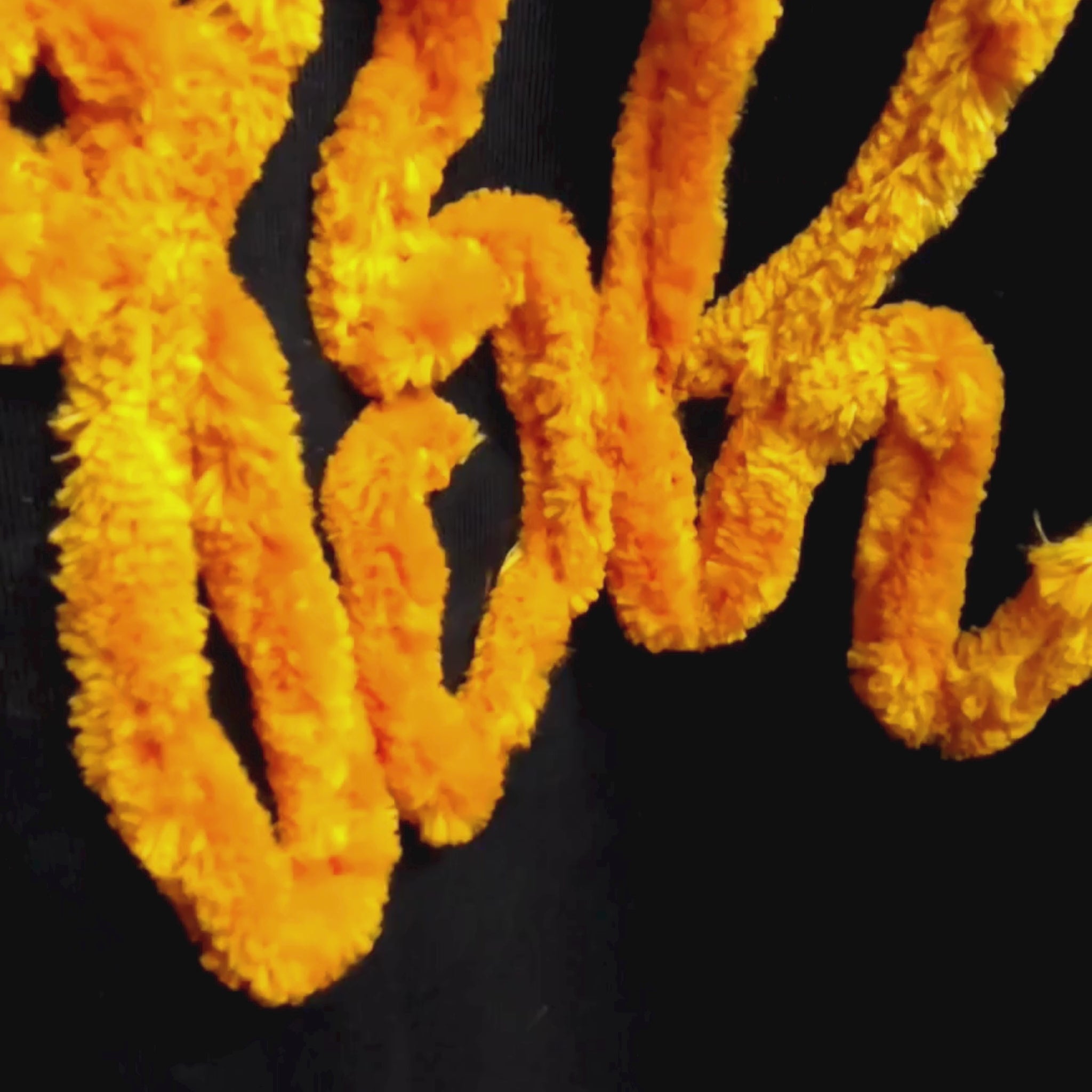 Video of marigold orange chenille "Bhai" cursive embroidery detail — thick fluffy textured thread on black fabric, close-up macro shot by Embroidist.